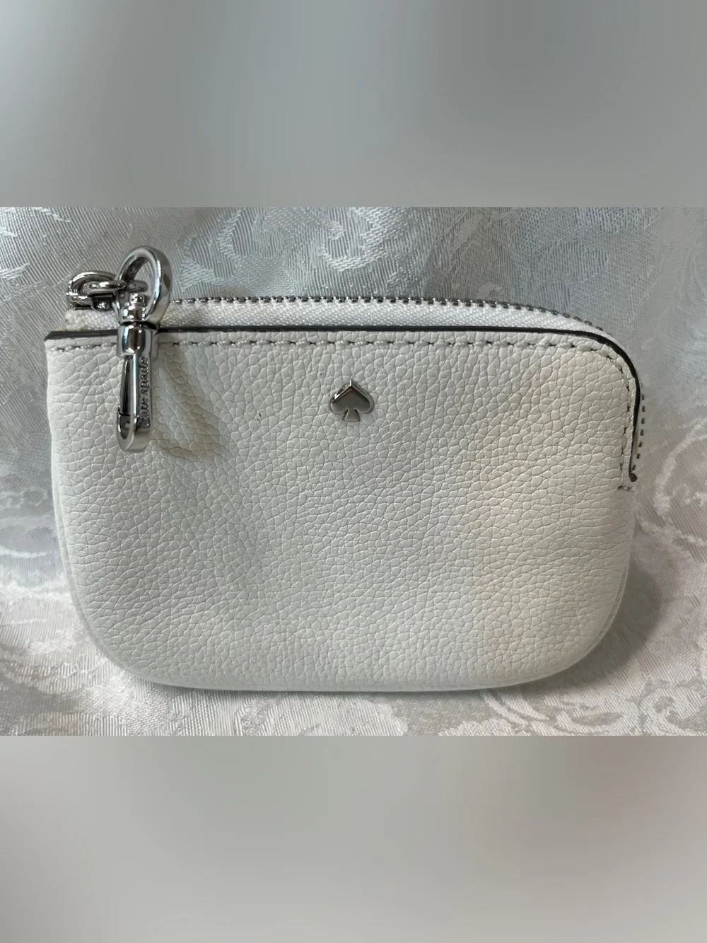 Kate Spade White Pebbled Leather Small Zip Pouch with Keychain